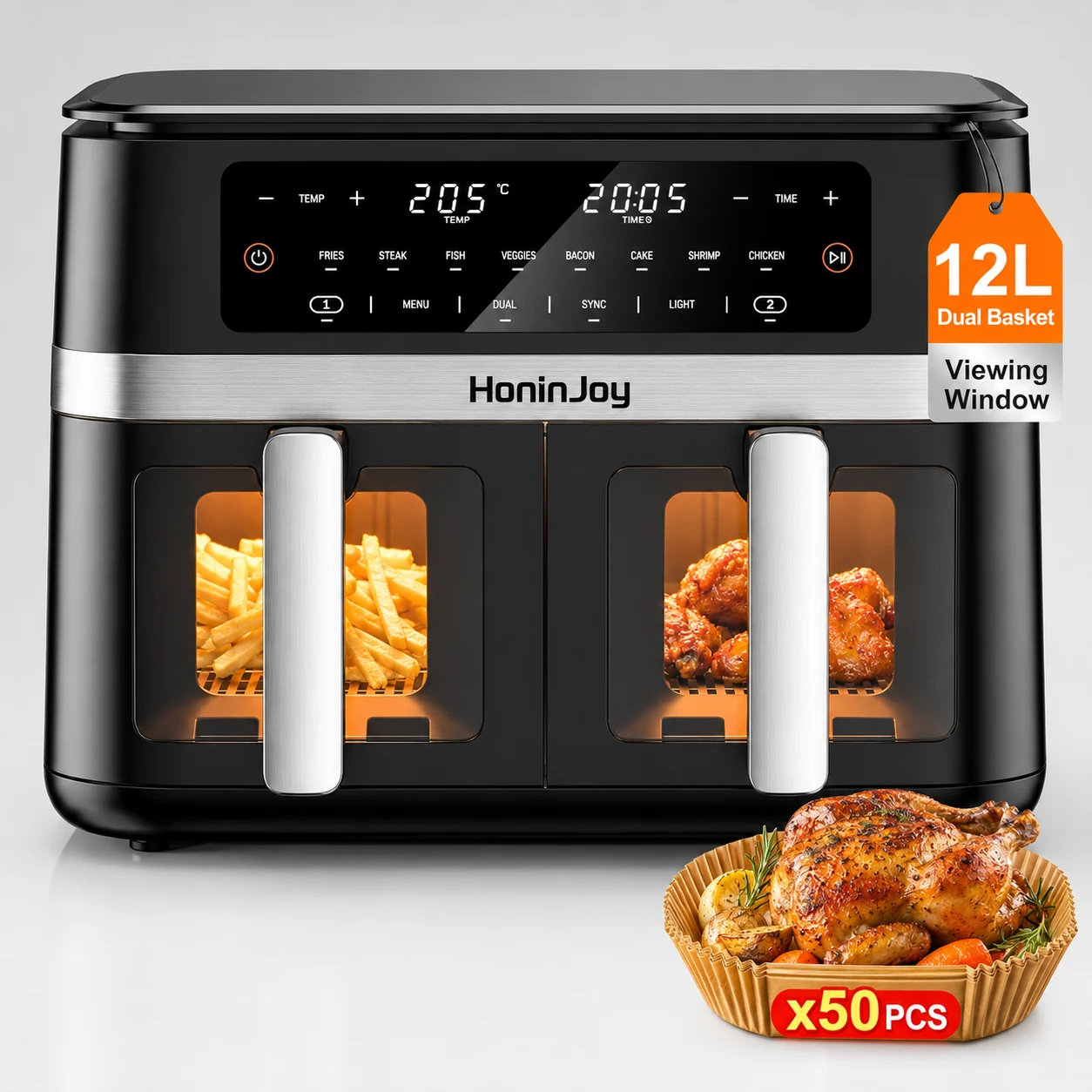 Large Dual Air Fryer with Viewing Window, 12L Dual Zone, 12-in-1 Digital Touchscreen, 2 Drawers for Bake, Roast, Reheat, Broil, Nonstick Dishwasher Safe with 50pcs Paper Liners, Black